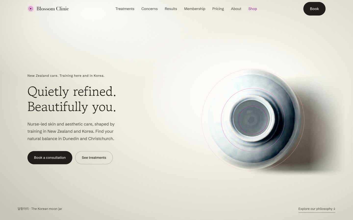 Blossom Clinic website homepage: Quietly refined. Beautifully you.