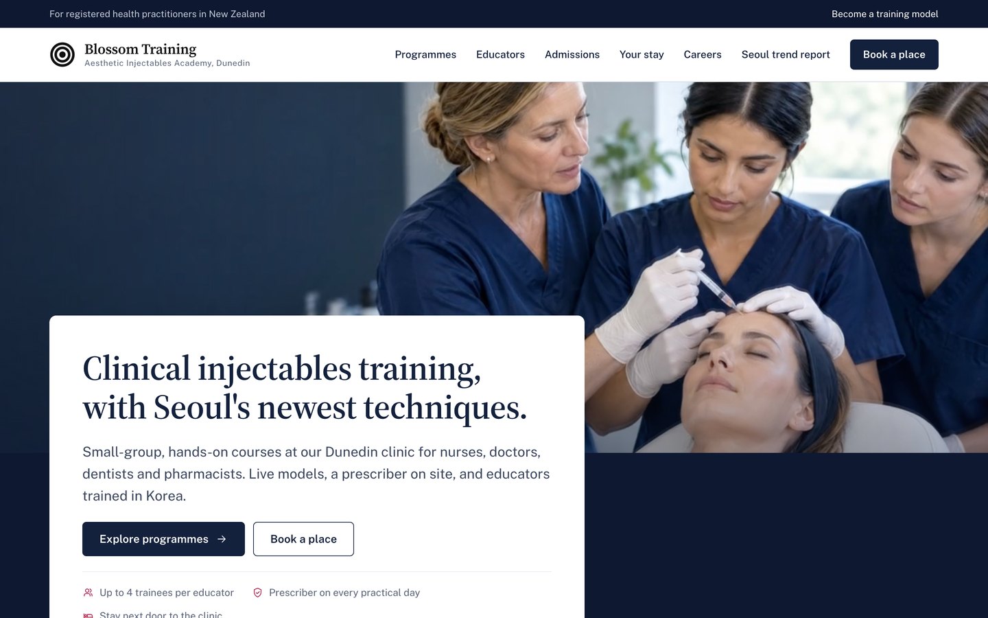 Blossom Training website homepage: Clinical injectables training, with Seoul's newest techniques.